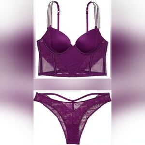 34D/M 💜VS Double Shine Strap Satin Lace Corset Top Brazilian Panty Set